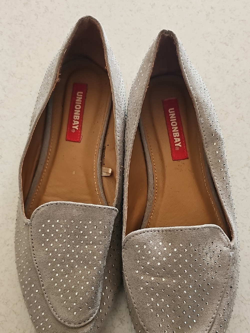 UNIONBAY Light Gray Studded Suede-Look Loafers